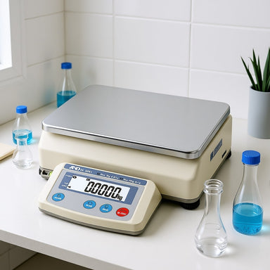 A&D EK-L Compact Industrial Precision Scales Sitting on Laboratory Bench Top Front Left Angle View
