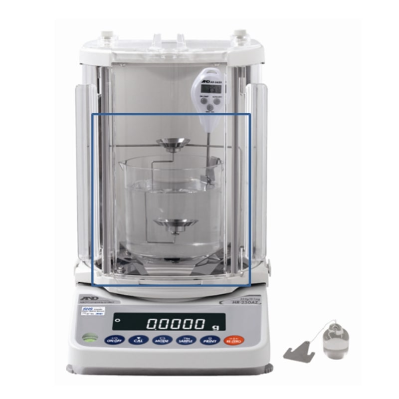 A&D Weighing AD-1654 Density Determination Kit Inside an OP-11 Large Breeze Break on an HR-250AZ Analytical Balance Front View