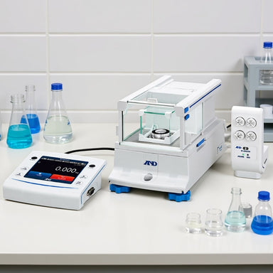 A&D Weighing BA-6TE Micro Premium Balance Sitting on Laboratory Bench Front Left Angled View