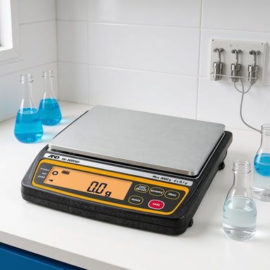 A&D Weighing EK-3000EP & EK-12KEP Intrinsically Safe Compact Balance Sitting on Laboratory Bench Angled Left Top Front View