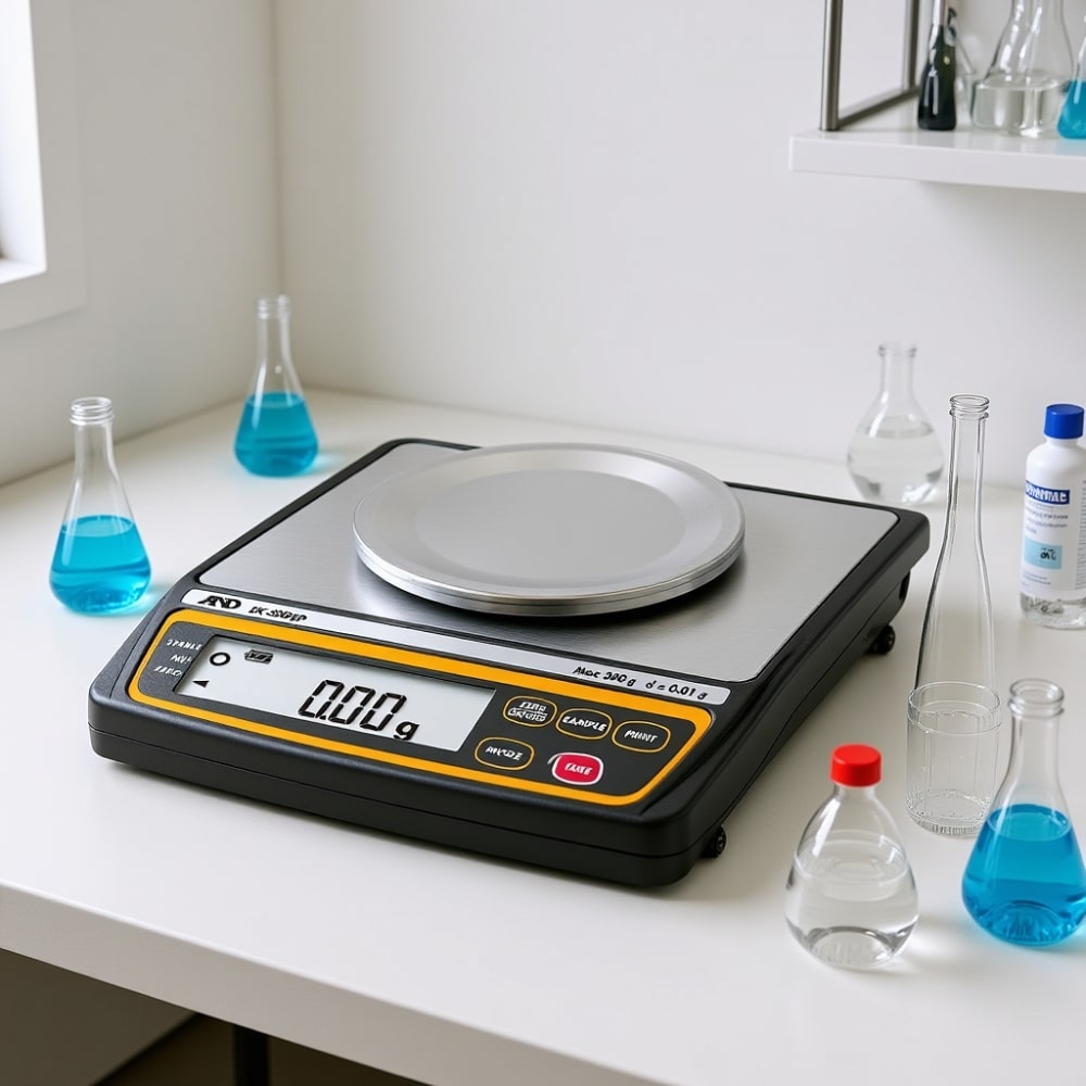 A&D Weighing EK-300EP Intrinsically Safe Compact Balance Sitting on Laboratory Bench Angled Left Top Front View
