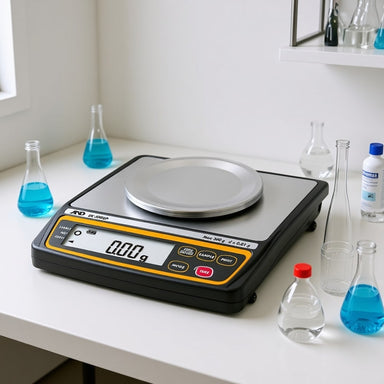 A&D Weighing EK-300EP Intrinsically Safe Compact Balance Sitting on Laboratory Bench Angled Left Top Front View