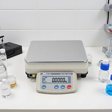 A&D Weighing EK-L Compact Industrial Precision Scales Sitting on Laboratory Bench Top Front View