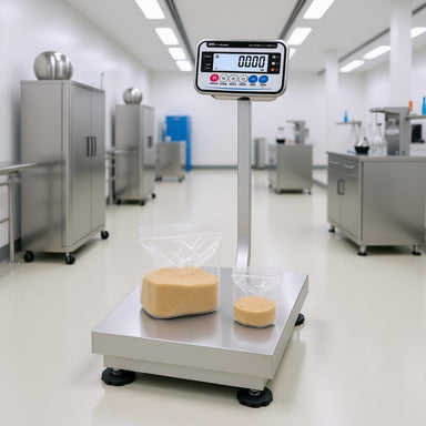 A&D Weighing FG-60KCL-WP & FG-150KCL-WP Waterproof Platform Scales Sitting on Laboratory Floor Left Angled Front View