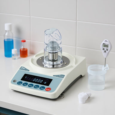 A&D Weighing FX-300i-PT Pipette Accuracy Tester sitting on Laboratory Bench Angled Left Front View