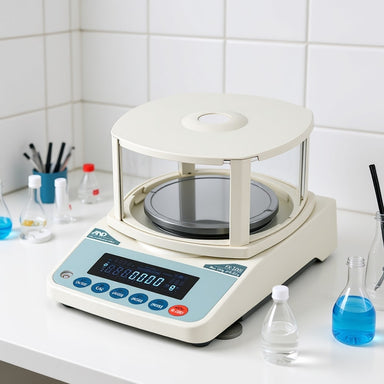 A&D Weighing FX-300i Precision Balance with OP-10 Standard Breeze Break Sitting on Laboratory Bench Front Top Vi