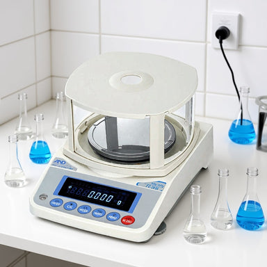 A&D Weighing FZ-300i Precision Balance with OP-10 Small Breeze Break Sitting on Laboratory Bench Angled Left Front Top View