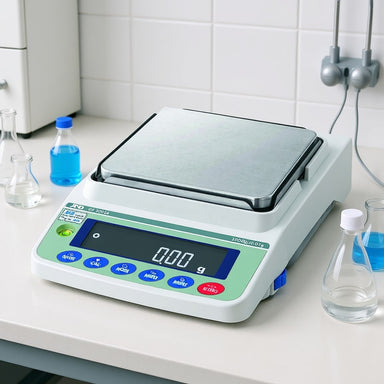 A&D Weighing GF-A Multi-Functional Precision Balance Sitting on Laboratory Bench  Angled Left Top Front View