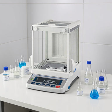 A&D Weighing GX-224AE Analytical Semi-Micro Balance Sitting on Laboratory Bench Angled Left Front View