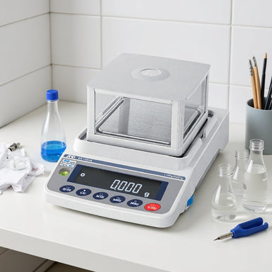 A&D Weighing GX-A Multi-Functional Precision Balance with Standard Breeze Break Sitting on Laboratory Bench Left Angled View