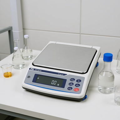 A&D Weighing GX-M Industrial Precision Balance Sitting on Laboratory Bench Front Left Angled View