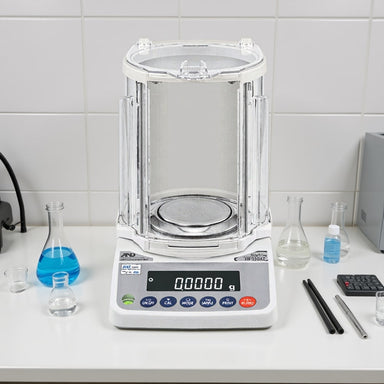A&D Weighing HR-250AZ Compact Analytical Balance Sitting on Laboratory Bench Front View