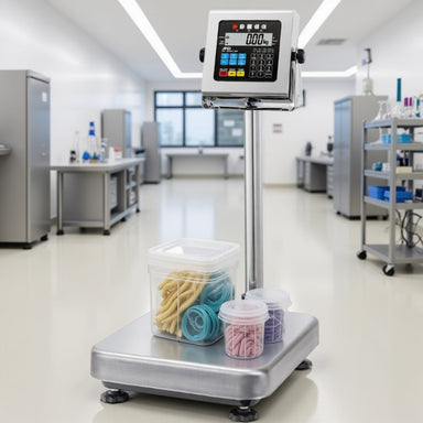 A&D Weighing HV-200KCWP Waterproof Platform Scales Sitting on Laboratory Floor Angled Left Front View