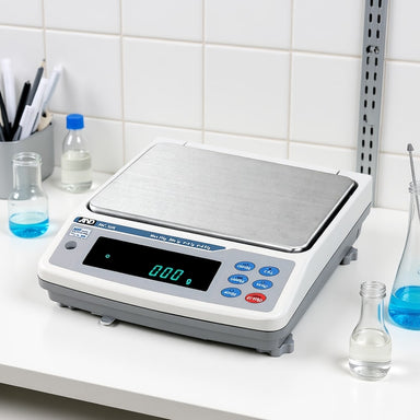 A&D Weighing MC-10K Mass Comparator Precision Balance Sitting on Laboratory Bench Angled Left Front View