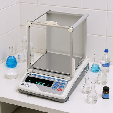 A&D Weighing MC-6100 Mass Comparator Precision Balance Sitting on Laboratory Bench Angled Left Front View