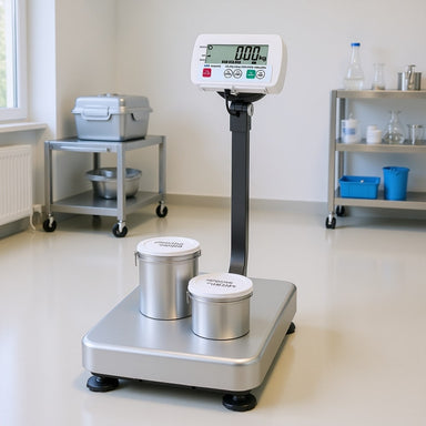 A&D Weighing SE-60,150KAL IP68 Washdown Platform Scales Sitting on Laboratory Floor Angled Left Front View A