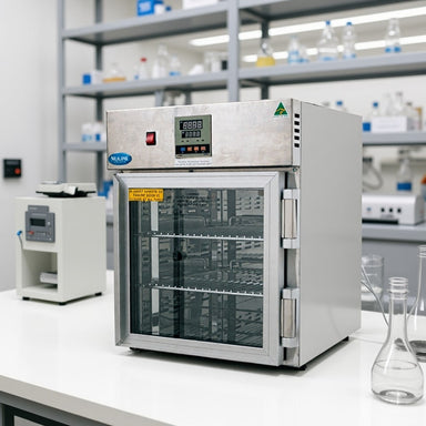 Nuline BW100 Blanket Warmer with Glass Door Closed Sitting on Laboratory Bench Angled Left Front View