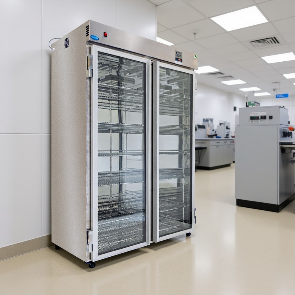 Nuline BW1100 Blanket Warmer with Glass Door Closed Standing Against Laboratory Wall Angled Right Front View