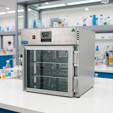 Nuline FW100 Fluid Warmer with Glass Door Closed Sitting on Laboratory Bench Angled Left Front View