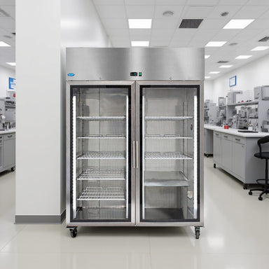 Nuline MF140TNG-Half Chromatography Lab Fridge Glass Door Closed Standing on Laboratory Floor Against Wall Front View