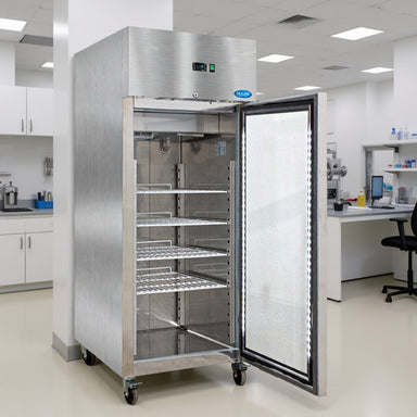 Nuline MF70TNG Laboratory Refrigerator with Glass Door Open Standing on Laboratory Floor Angled Right Front View