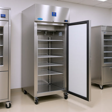 Nuline MFi70TN Refrigerator Incubator with Solid Door Open Standing Against Laboratory Wall