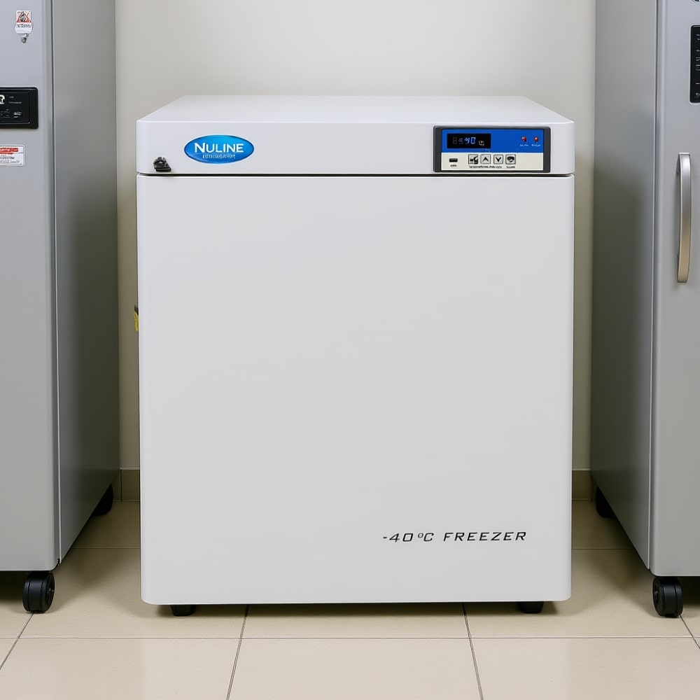 Nuline MLF90 -40°C Freezer with Solid Door Closed Standing Against Laboratory Wall Front View