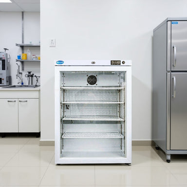 Nuline MLi125 Refrigerator Incubator Glass Door Closed Standing Against Laboratory Wall Front View