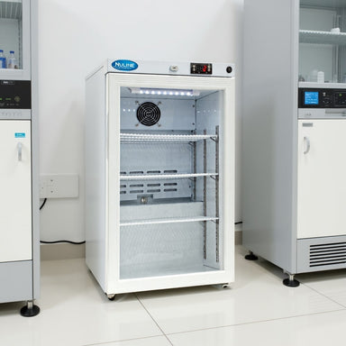 Nuline MLi59 Refrigerator Incubator Glass Door Closed Standing Against Laboratory Wall Angled Right Front View