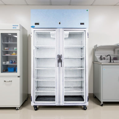 Nuline NLMDR1000 Dual Laboratory Refrigerator Glass Door Closed Standing Against Wall in Laboratory Front View