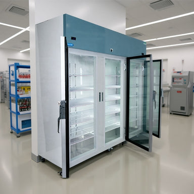 Nuline NLMDR1614 Dual Laboratory Refrigerator Glass Door Opened Standing Against Wall in Laboratory Angled Right View