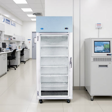 Nuline NLMS400 & 700 Spark Safe Laboratory Refrigerator with Glass Doors Closed Standing Against Laboratory Wall Front View