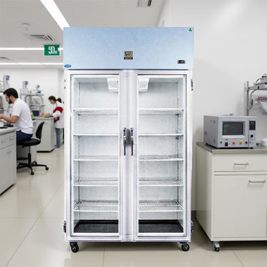 Nuline NLMi1000 Refrigerator Incubator Glass Door Closed Standing Against Laboratory Wall Front View