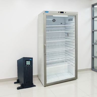 Nuline UPS next to Nuline HR600 Pharmacy Refrigerator Angled Right Front View
