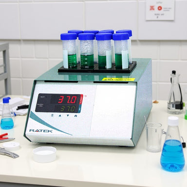 Ratek DBH2000D 2 Block Precision Dry Block Heater sitting on Laboratory Bench Front Angled Left View