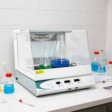 Ratek OM11 Medium Digital Shaking Incubator sitting on Laboratory Bench Front Angled Right View