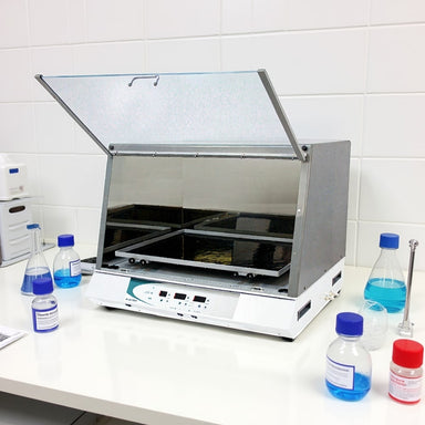 Ratek OM25 Extra Large Digital Shaking Incubator with Lid Open sitting on Laboratory Bench Front Angled Left View