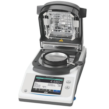A&D MS-74AT & MX-53AT Premium Touchscreen Moisture Analyser Lid Open Angled Left Top Front View