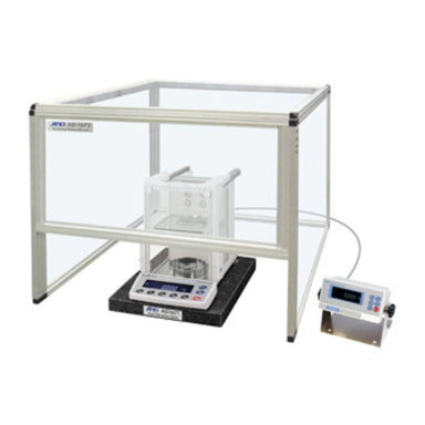 A&D Weighing AD-1672 Shaped Tabletop Breeze Break Demonstrating BM Series Semi-Micro Balance Inside Angled Left Front View