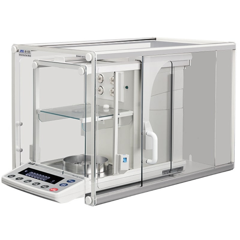 A&D Weighing AD-1676 Tabletop Breeze Break Demonstrating BM Series Semi-Micro Balance Inside Angled Left Front View