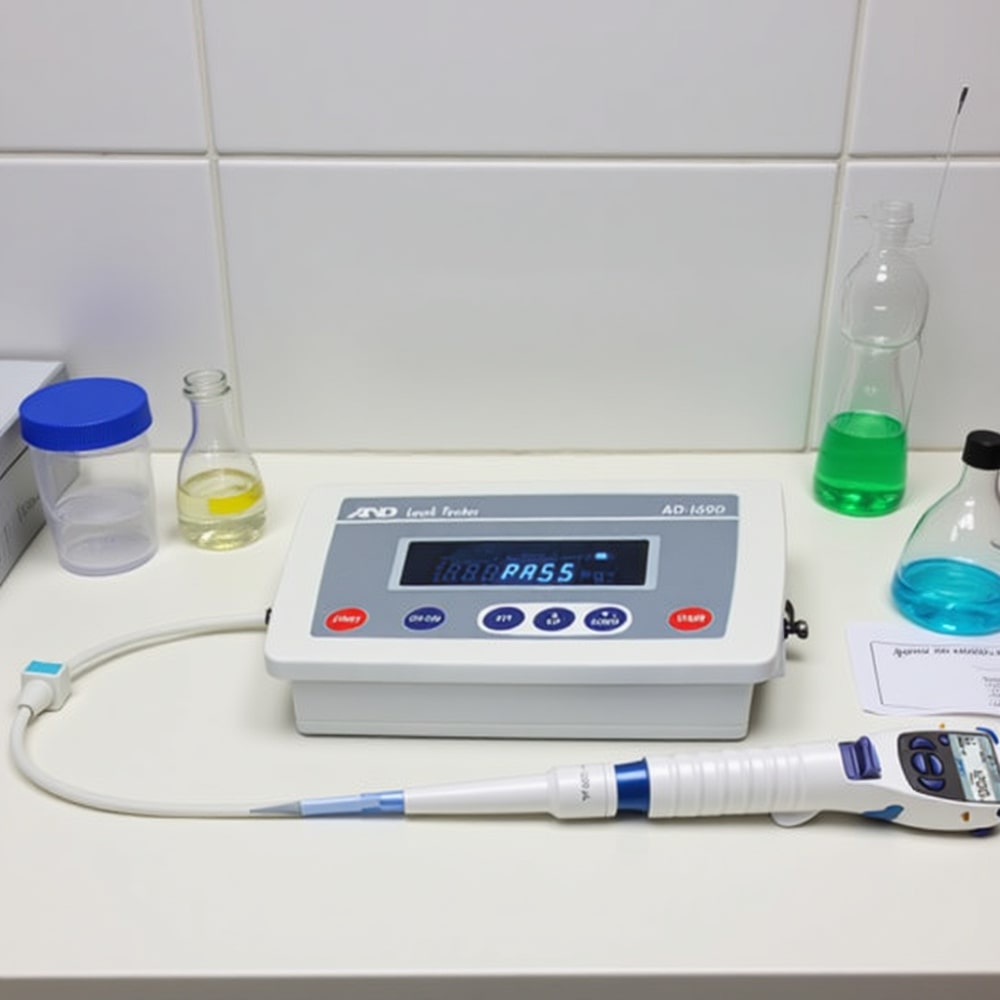 A&D Weighing AD-1690 Pipette Leak Tester Sitting on Laboratory Bench Front Angle View