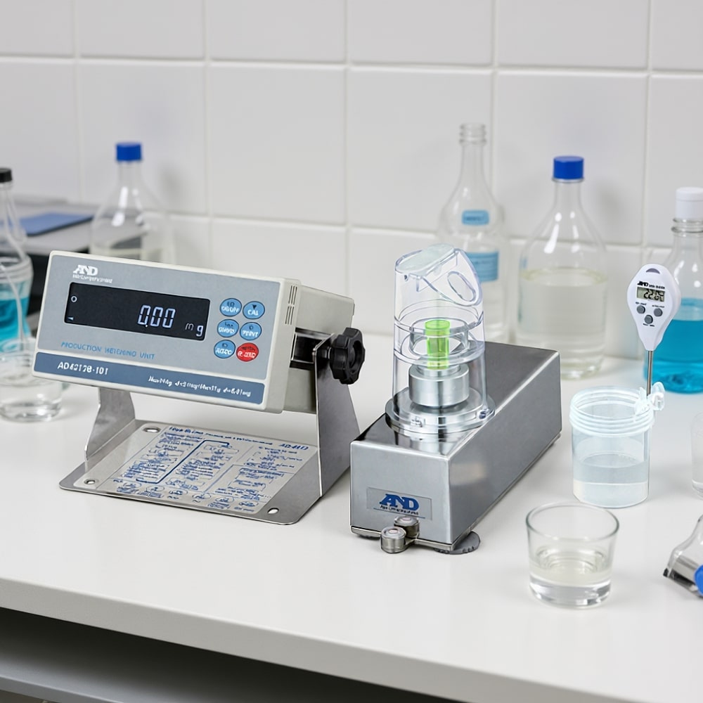 A&D Weighing AD-4212A-PT Pipette Accuracy Tester Sitting on Laboratory Bench Angled Left Front View