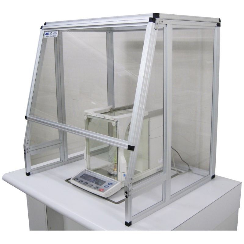 A&D Weighing AD1672A Tabletop Breeze Break Demonstrating BM Series Semi-Micro Balance Inside Angled Left Front View