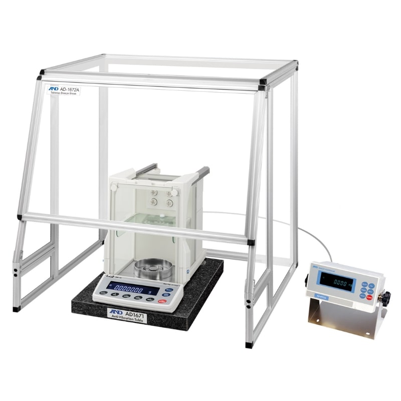 A&D Weighing AD1672A Tabletop Breeze Break Demonstrating BM Series Semi-Micro Balance Inside Slightly Angled Left Front View
