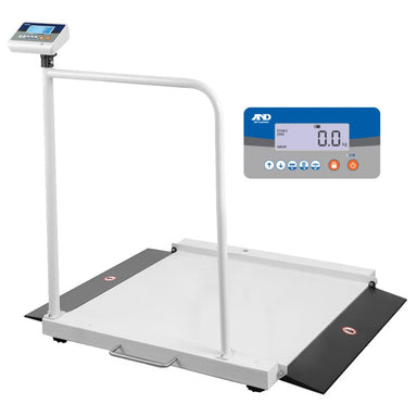 A&D Weighing AMW-300 Wheelchair Platform Scale Side View Showing One Front Handrail & Indicator Display