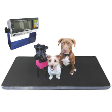 A&D Weighing AW-300 Animal Weighing Scale Front View with AD-4406 Weighing Indicator and Three Small Dogs on Scale 