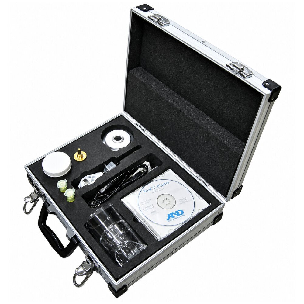 A&D Weighing BM OP-14 Pipette Accuracy Testing Kit for BM-22 only Opened Case Angled Left Top Front View