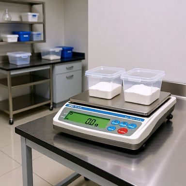 A&D Weighing EK-i Series(EK-3000i, 4100i, 6000i, 6100i & 12Ki) Sitting Flat on Lab Bench Angled Left Top Front View
