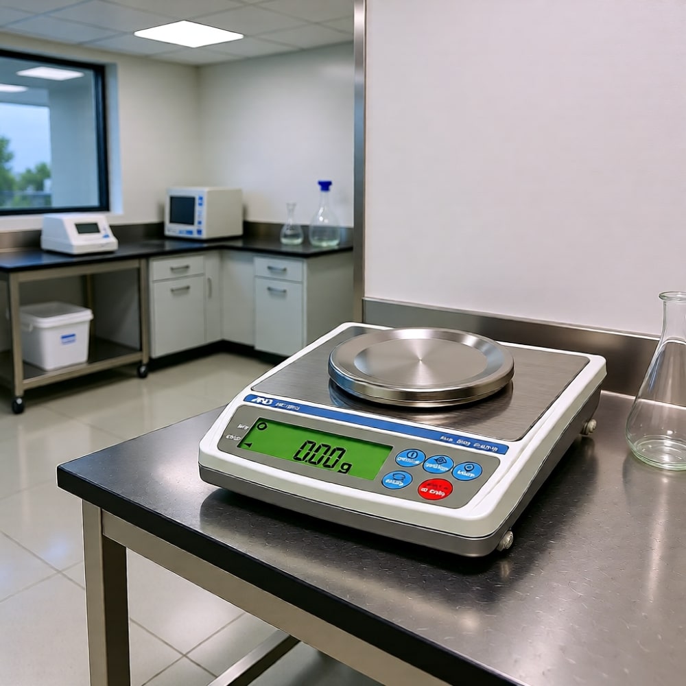 A&D Weighing EK-i Series (EK-410i & 610i) Sitting Flat on Lab Bench Angled Left Top Front View 