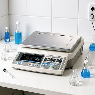 A&D Weighing FC-5000i, FC-10Ki, 20Ki & 50Ki High Performance Counting Scales Sitting on Laboratory Bench Angled Left Front View